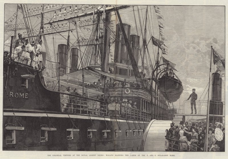 A gyarmati látogatók a Royal Albert Docksban, malájok a P and O Steam-Ship Rome hajógyárban alkotó: William Heysham Overend