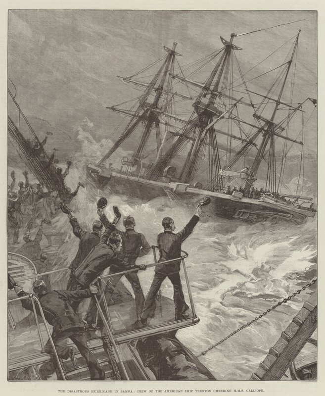 A katasztrofális hurrikán Szamoán, a Trenton amerikai hajó legénysége éljenezte a HMS Calliope-ot alkotó: William Heysham Overend