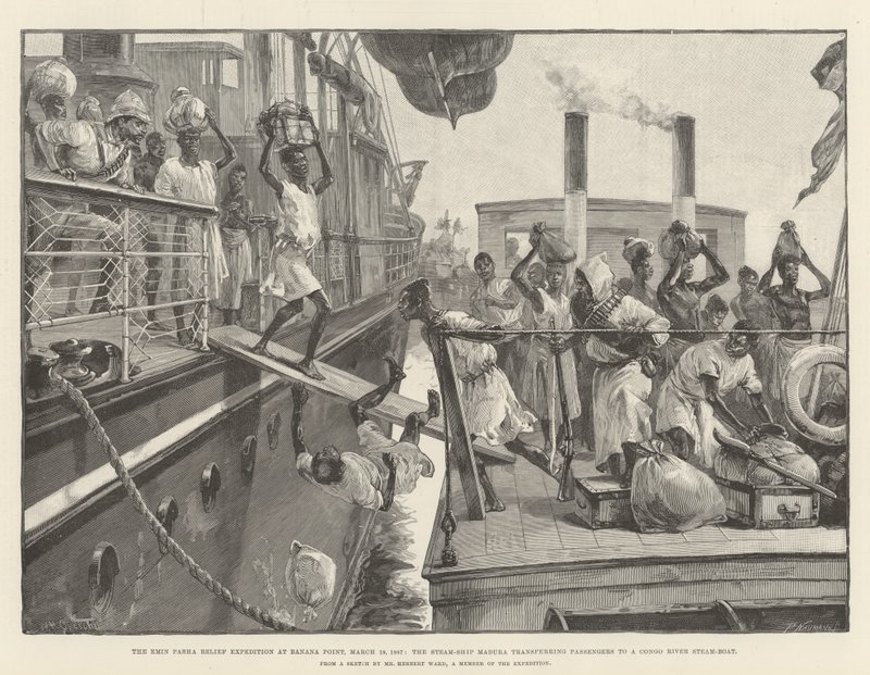 Az Emin pasa segélyexpedíció a Banana Pointban, 1887. március 18., a Madura gőzhajó átszállítja az utasokat egy Kongó folyó gőzhajójára alkotó: William Heysham Overend