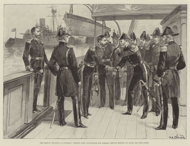 A francia osztag Spitheadben, Lord Clanwilliam admirális és Gervais tengernagy találkozik a Tűzkirálynő fedélzetén alkotó: William Heysham Overend