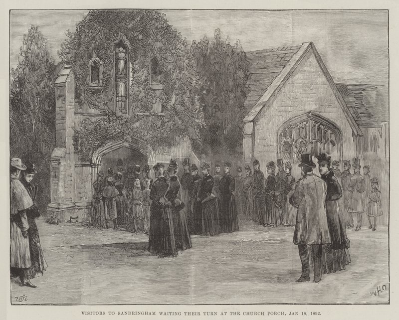 Clarence és Avondale néhai hercegének temetése, Sandringham látogatói, akik sorra várnak a templom tornácán, 1892. január 18. alkotó: William Heysham Overend