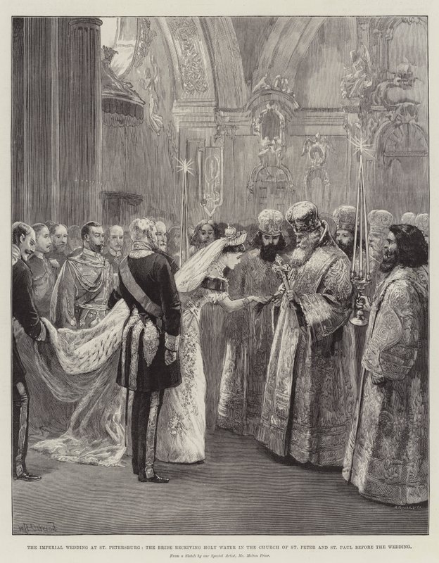 Császári esküvő Szentpéterváron, a menyasszony szenteltvizet kap a Szent Péter és Pál templomban az esküvő előtt alkotó: William Heysham Overend