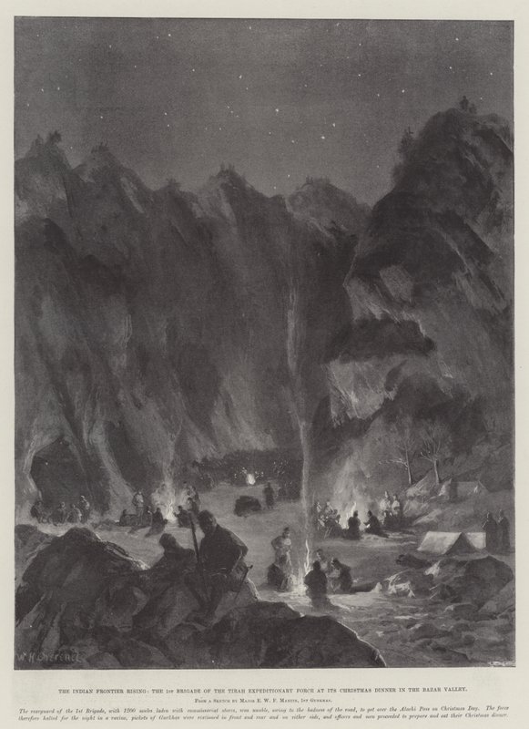 Az Indian Frontier Rising, a Tirah Expedíciós Erők 1. dandárja karácsonyi vacsoráján a Bazár-völgyben alkotó: William Heysham Overend