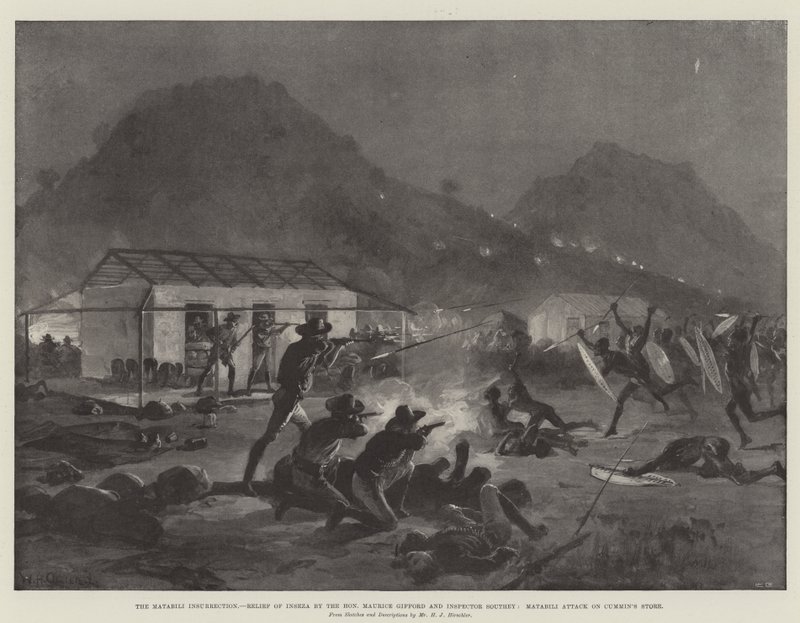 A matabili felkelés, Inseza felmentése a tisztelt Maurice Gifford és Southey felügyelő által, Matabili támadás a Cummin üzletében alkotó: William Heysham Overend