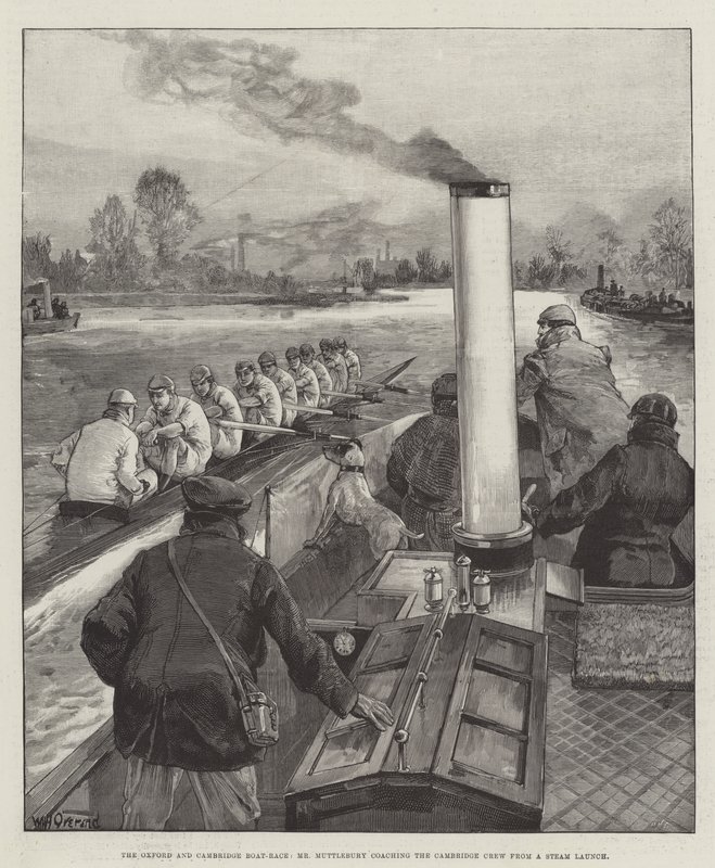 Az oxfordi és cambridge-i hajóversenyen, Mr. Muttlebury a Cambridge-i legénység edzője a Steam indításakor alkotó: William Heysham Overend