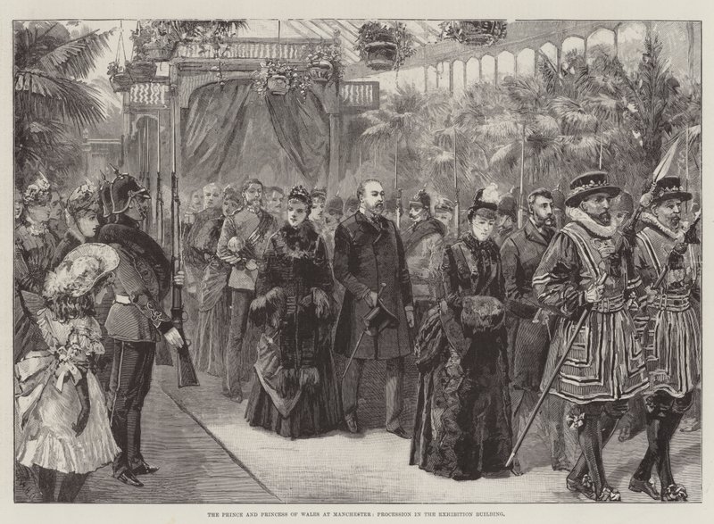 A walesi herceg és hercegnő Manchesterben, felvonulás a kiállítási épületben alkotó: William Heysham Overend