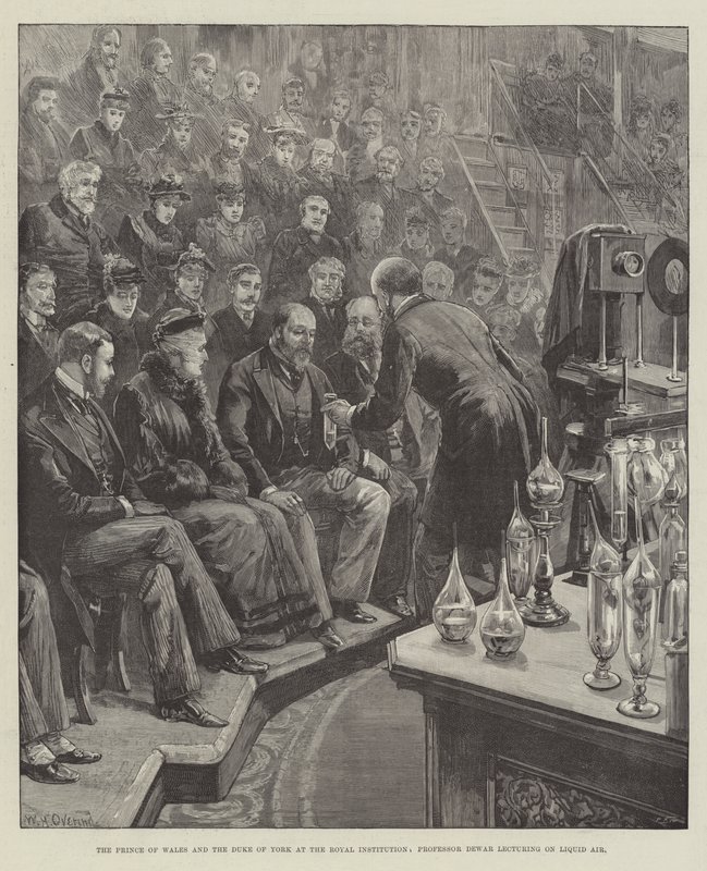 A walesi herceg és a yorki herceg a Királyi Intézetben, Dewar professzor előadást tart a folyékony levegőről. alkotó: William Heysham Overend