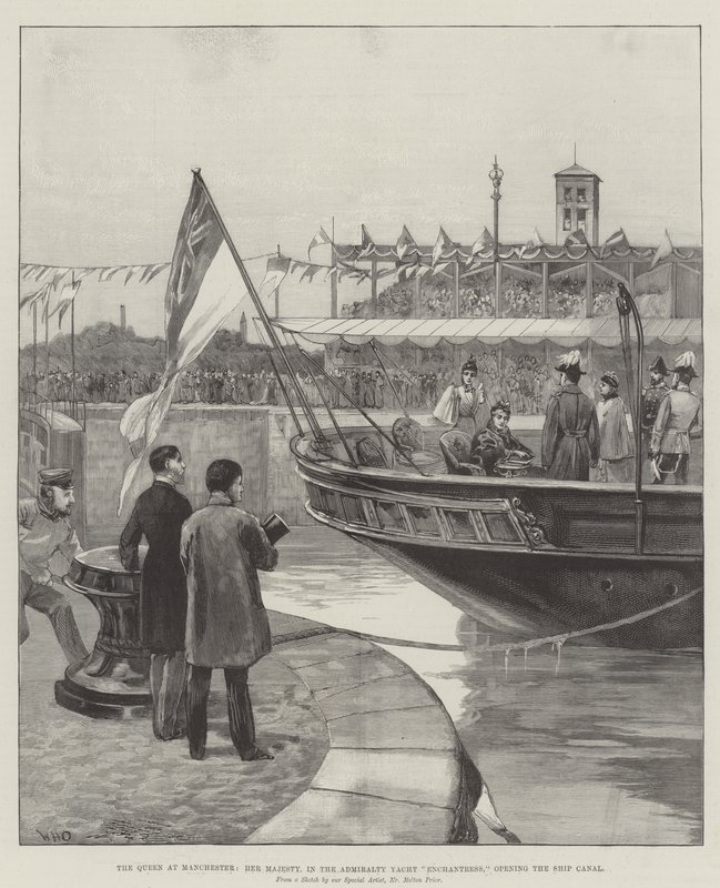 A királynő Manchesterben, Őfelsége, az Admiralty Yacht Enchantressben, megnyitja a Hajócsatornát alkotó: William Heysham Overend