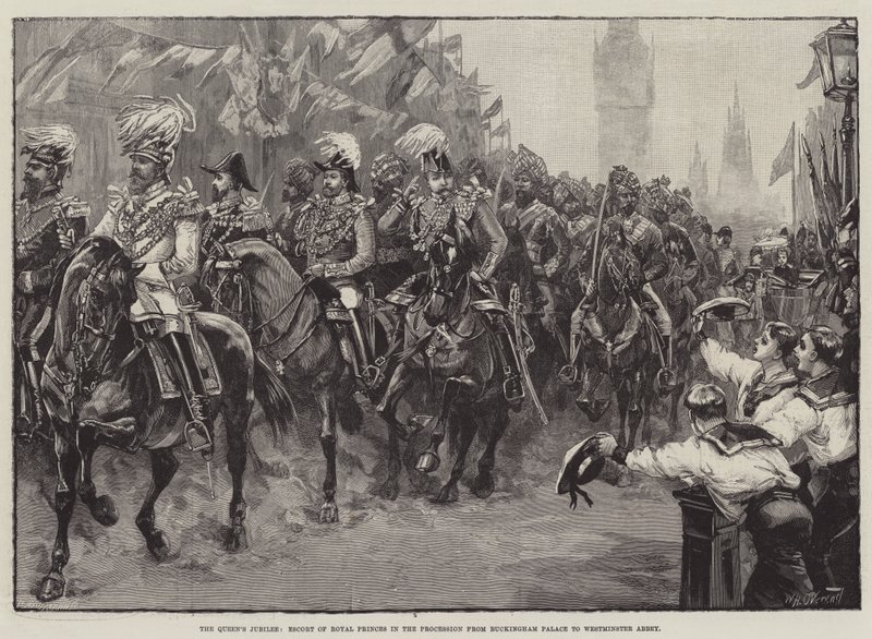 A királynő jubileuma, királyi hercegek kísérete a körmenetben a Buckingham-palotától a Westminsteri apátságig alkotó: William Heysham Overend