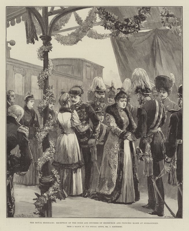 Királyi házasság, Edinburgh hercegének és hercegnőjének, valamint Marie hercegnőnek a fogadása Sigmaringenben alkotó: William Heysham Overend