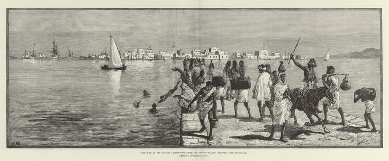 A háború a Soudanban, Massowah, a második szigetről, bemutatva a Causeway-t alkotó: William Heysham Overend