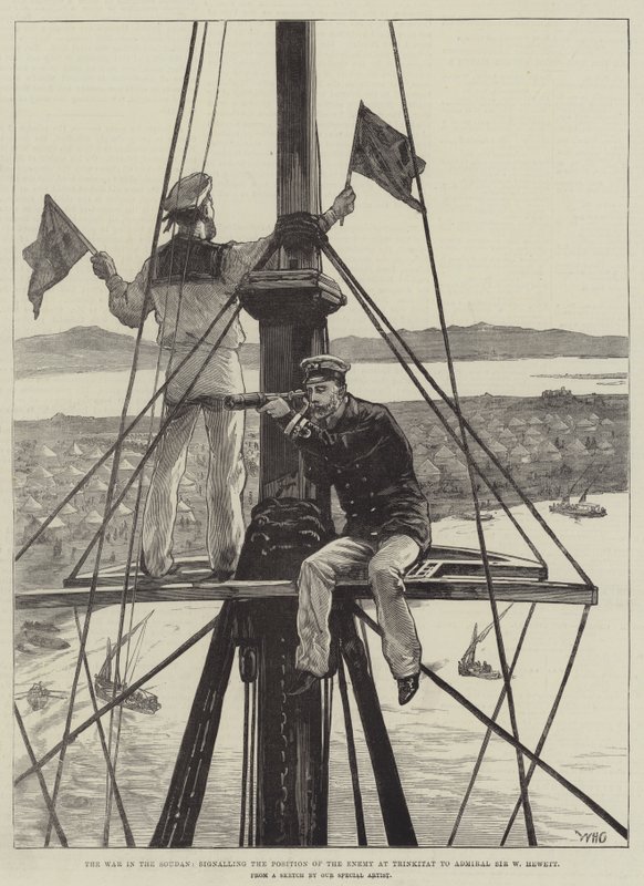 A háború a Soudanban, jelezve az ellenség pozícióját Trinkitatnál Sir W Hewett admirálisnak alkotó: William Heysham Overend