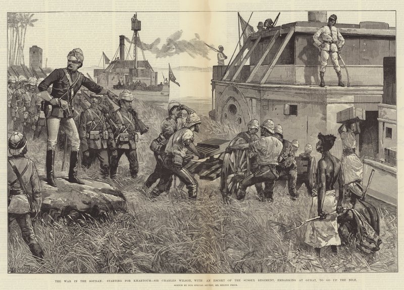 A szudáni háború, Khartoumba indulva, Sir Charles Wilson, a Sussexi ezred kíséretével, Gubatnál szállt be, hogy felmenjen a Níluson. alkotó: William Heysham Overend