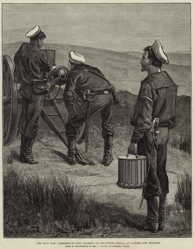 A zulu háború, a Pearson erőd helyőrsége, az alsó Tugelán, Gatling ágyúgyakorlaton alkotó: William Heysham Overend