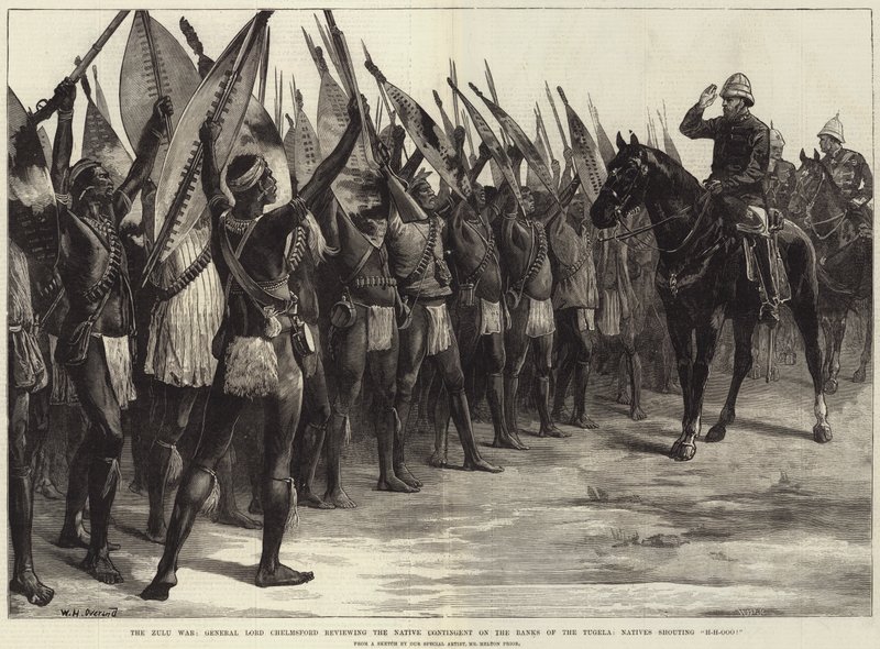 A zulu háború, Lord Chelmsford tábornok áttekinti a bennszülött kontingenst a Tugela partján, a bennszülöttek H-H-Ooo! alkotó: William Heysham Overend