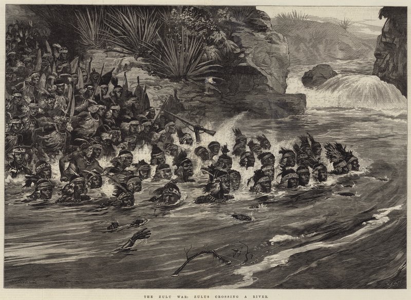 A zulu háború, a zuluk átkelés egy folyón alkotó: William Heysham Overend