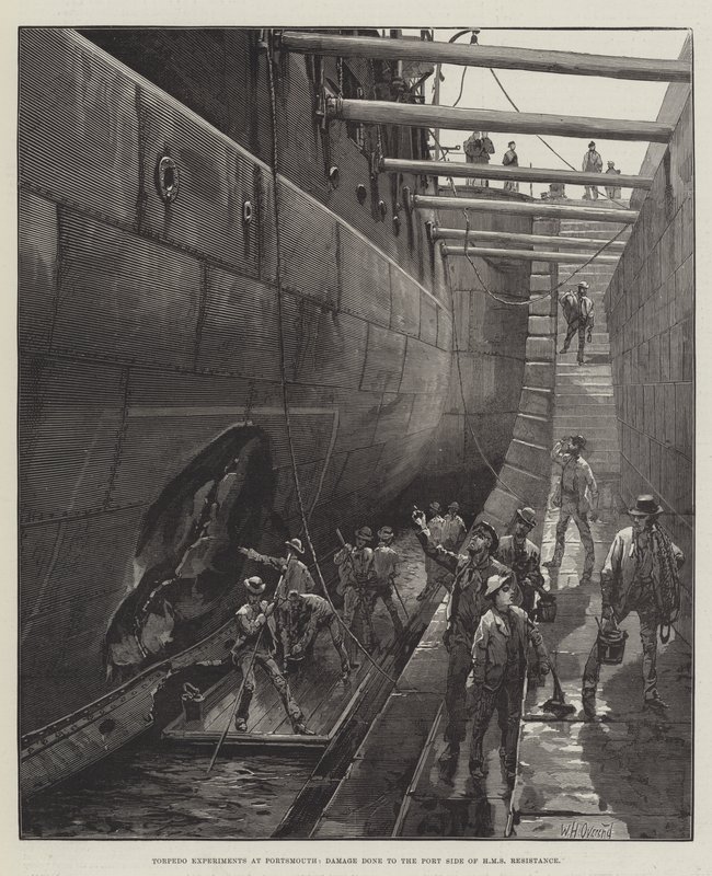 Torpedókísérletek Portsmouthban, a HMS-ellenállás kikötői oldalán keletkezett sérülés alkotó: William Heysham Overend
