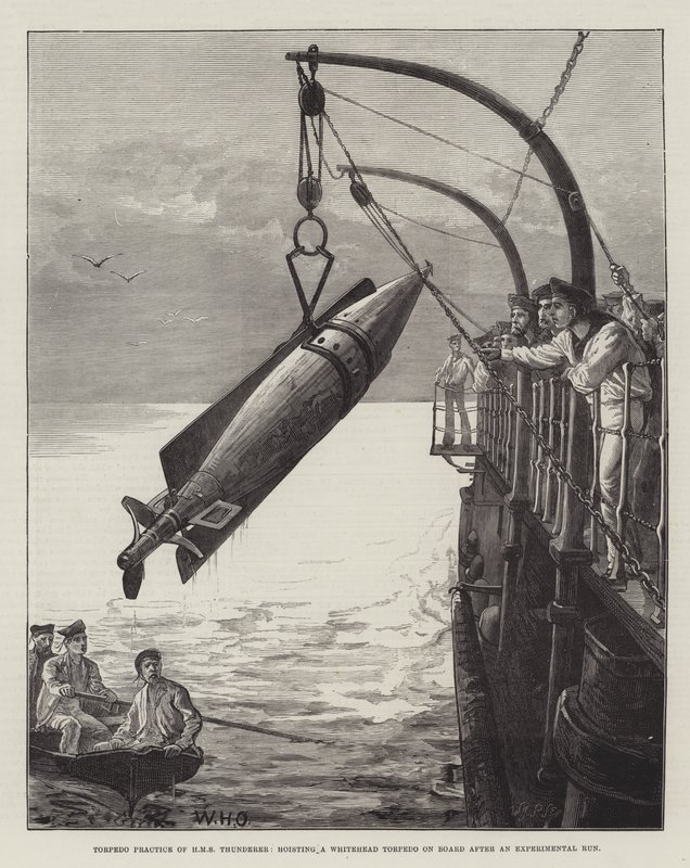 A HMS Thunderer torpedógyakorlata, egy Whitehead torpedó felemelése a fedélzetre kísérleti futás után alkotó: William Heysham Overend