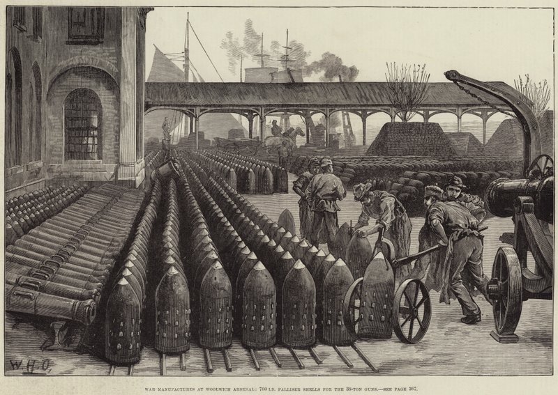 Háborús gyárak a Woolwich Arsenalnál, 700 font súlyú palliser lövedékek a 38 tonnás fegyverekhez alkotó: William Heysham Overend