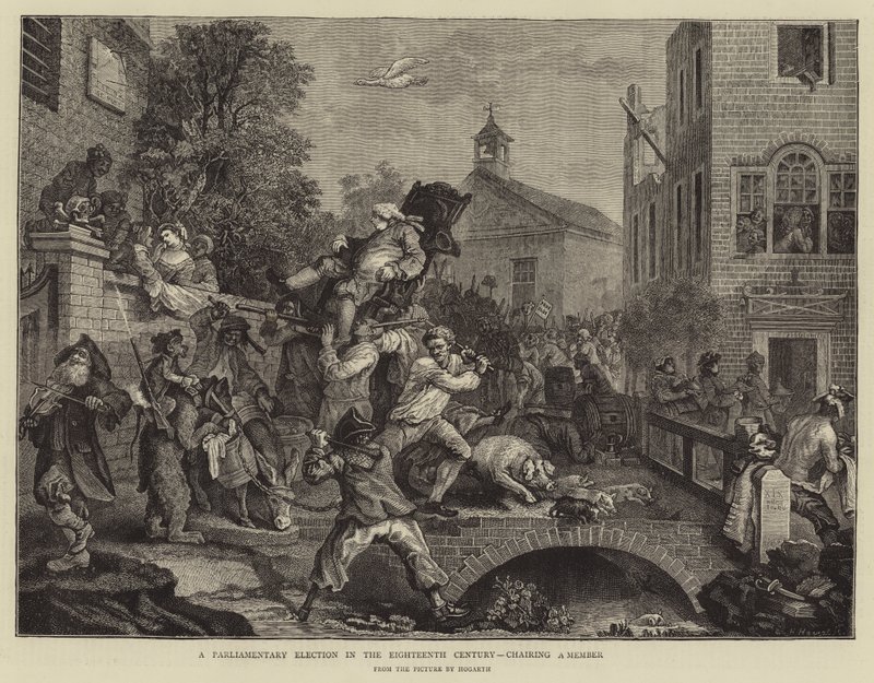 Országgyűlési választás a tizennyolcadik században, egy képviselő elnökletével alkotó: William Hogarth