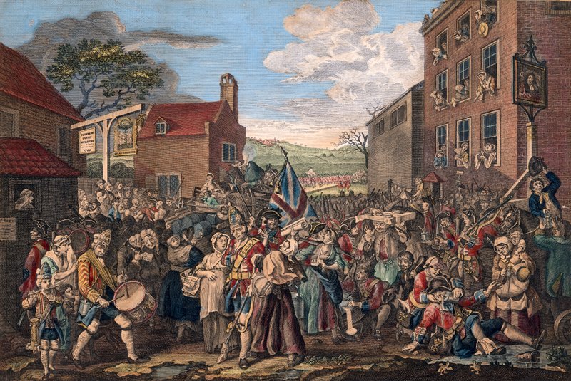 A gárdisták menetének ábrázolása Skócia felé 1745-ben alkotó: William Hogarth