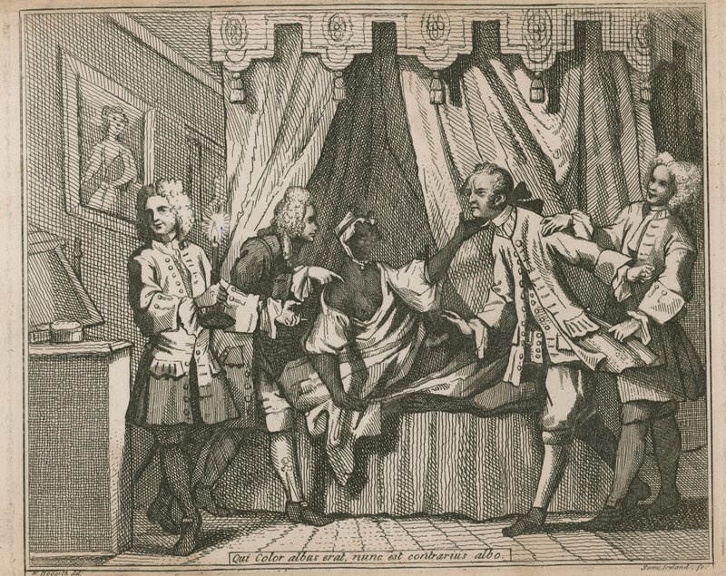 Aki most fehér szín volt, az a fehér ellentéte; Négy férfi szembesül egy fekete nővel a hálószobájában alkotó: William Hogarth