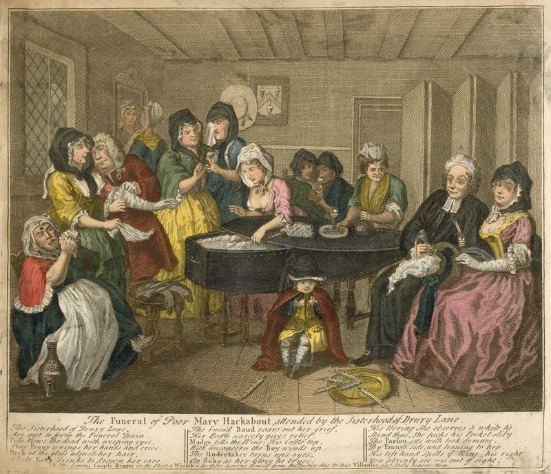 Szegény Mary Hackabout temetése, amelyen részt vett Drury Lane testvérisége is alkotó: William Hogarth