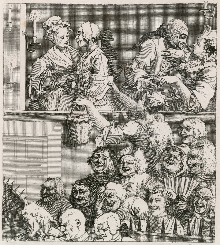 A nevető közönség. Hogarth képe a Drury Lane-ről narancssárga menyékkel 1733-ban alkotó: William Hogarth