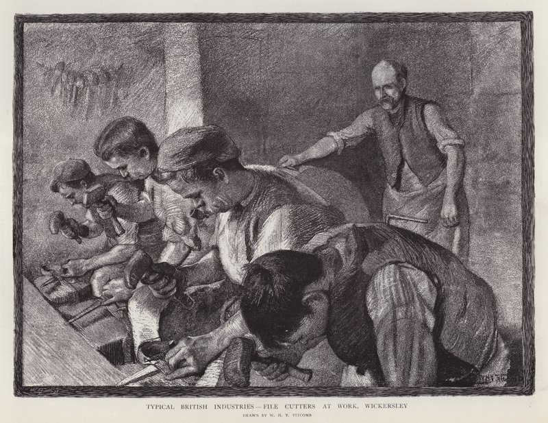 Reszelővágók munkahelyen, Wickersley, Dél-Yorkshire (litho) alkotó: William Holt Yates (after) Titcomb