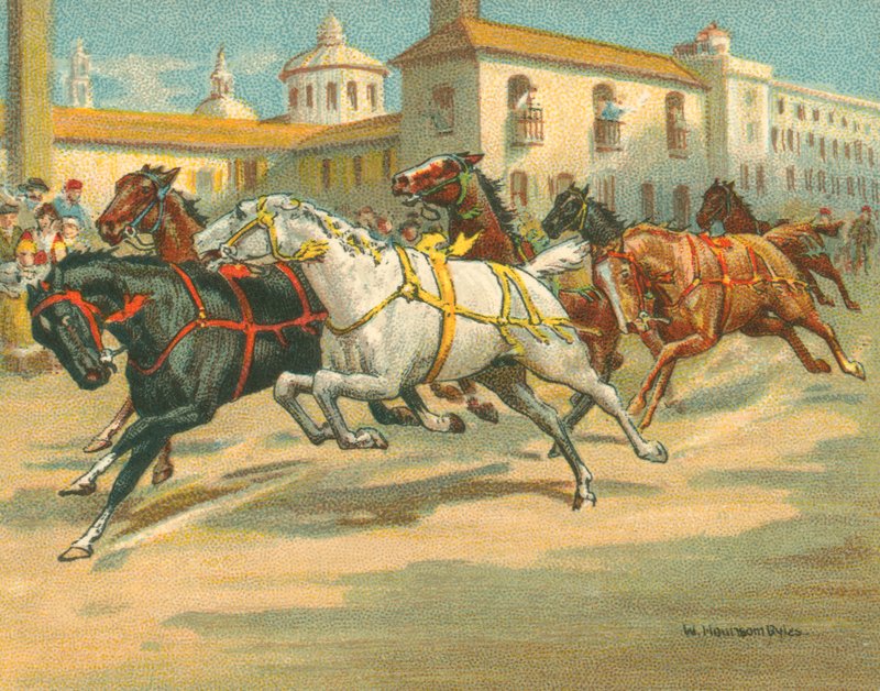Történelmi és modern versenyek, lovas nélküli lóversenyek Olaszországban (chromolitho) alkotó: William Hounsom Byles