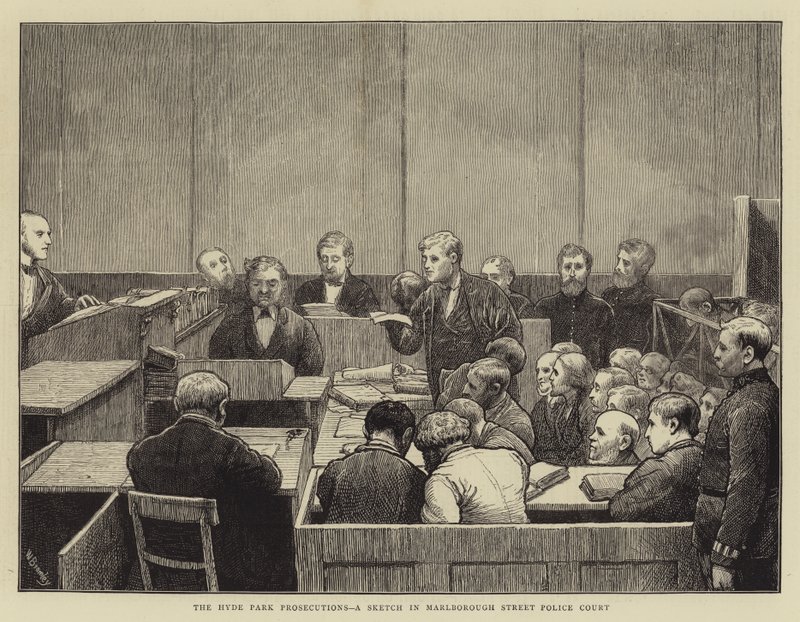 A Hyde Park Prosecutions, vázlat a Marlborough Street Police Courtról alkotó: William III Bromley