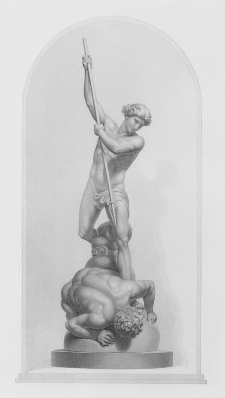 Michael és Sátán, Flaxman márványcsoportjából, RA, metszett W Roffe (metszet) alkotó: William John Roffe