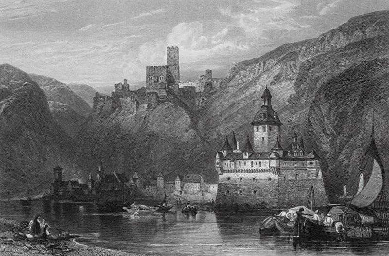 Caub, Gutenfels vára és Pfalz, Rajna (metszet) alkotó: William Leighton (after) Leitch