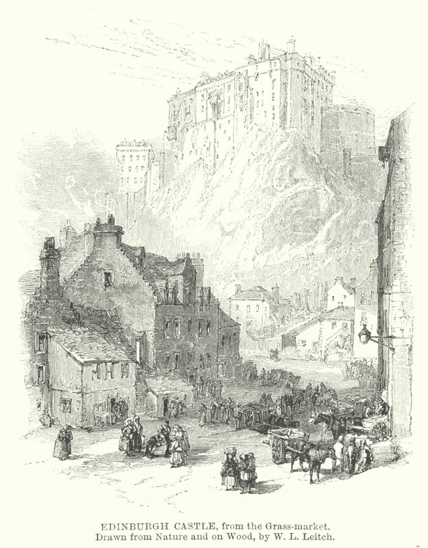 Edinburgh-i kastély, a Grass-market felől (metszet) alkotó: William Leighton (after) Leitch