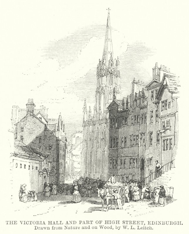 A Victoria Hall és a High Street egy része, Edinburgh (metszet) alkotó: William Leighton (after) Leitch