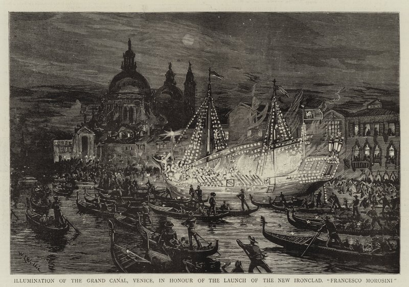 A velencei Canal Grande megvilágítása az Új Vaskalap felbocsátásának tiszteletére, Francesco Morosini alkotó: William Lionel Wyllie