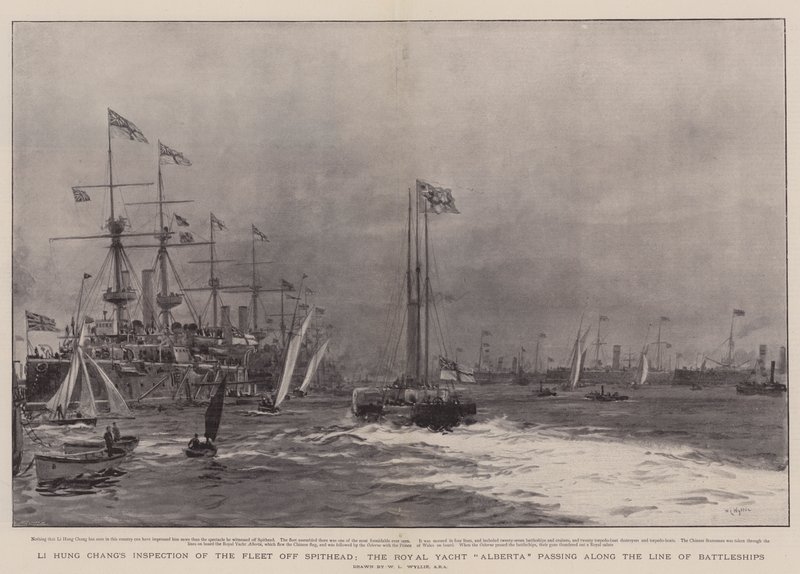 Li Hung Chang flottája a Spithead mellett, az Alberta királyi jacht a csatahajók vonala mentén halad alkotó: William Lionel Wyllie