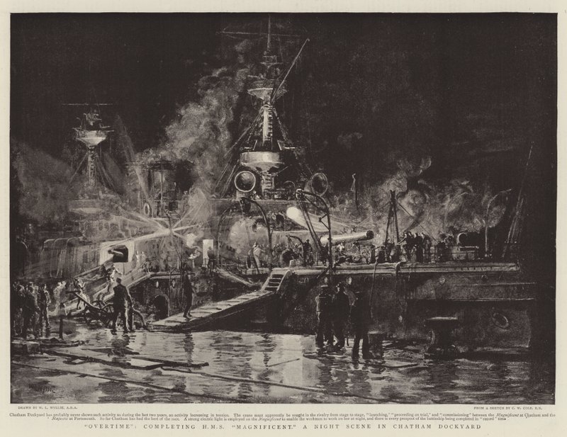 Túlóra, a HMS Magnificent befejezése, éjszakai jelenet a chathami hajógyárban alkotó: William Lionel Wyllie