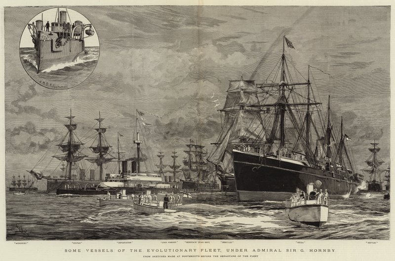 Az Evolúciós Flotta néhány hajója Sir G Hornby admirális vezetésével alkotó: William Lionel Wyllie