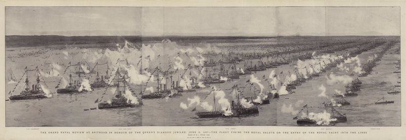 Nagy Haditengerészeti Szemle Spitheadben a királynő gyémánt jubileumának tiszteletére, 1897. június 26-án, a flotta királyi tisztelgést lőtt a királyi jacht vonalba lépésekor alkotó: William Lionel Wyllie