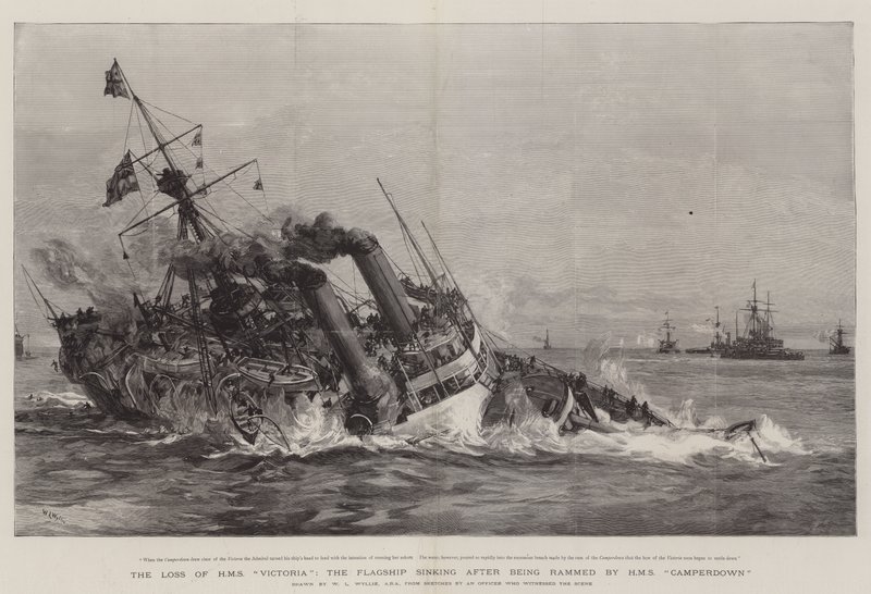A HMS Victoria elvesztése, a zászlóshajó elsüllyed, miután a HMS Camperdown döngölte alkotó: William Lionel Wyllie