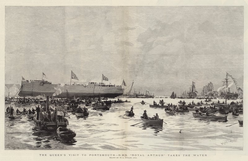 A királynő látogatása Portsmouthban, a HMS Royal Arthur elfoglalja a vizet alkotó: William Lionel Wyllie