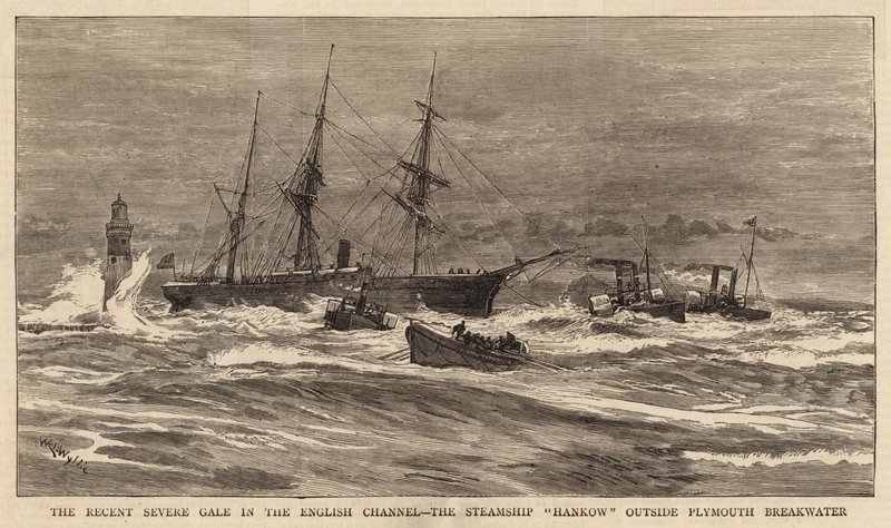 A közelmúltban történt súlyos szélütés a La Manche csatornában, a Hankow gőzhajó a Plymouth Breakwater mellett alkotó: William Lionel Wyllie