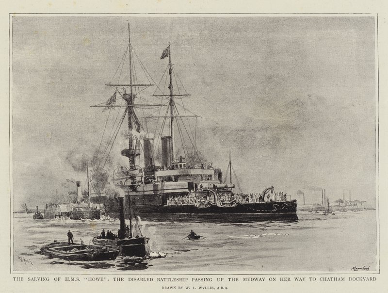 HMS Howe megmentése, a fogyatékkal élő csatahajó, amely a Medway mellett halad el a Chatham Dockyard felé alkotó: William Lionel Wyllie