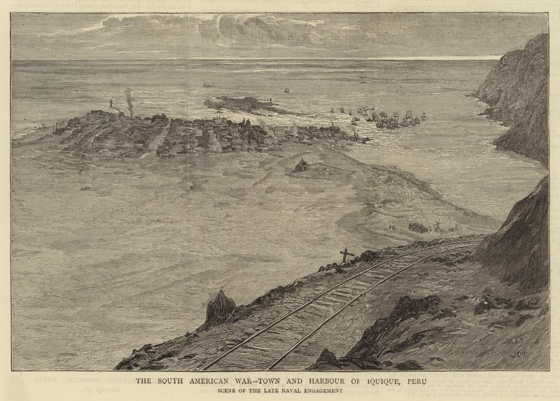 A dél-amerikai háború, Iquique városa és kikötője, Peru alkotó: William Lionel Wyllie
