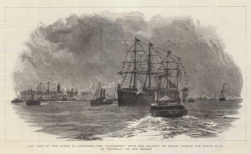 A királynő látogatása Liverpoolban, a Claughton, Őfelségével a fedélzeten, elhalad a White Star SS Republic mellett a Mersey folyón. alkotó: William Lionel Wyllie