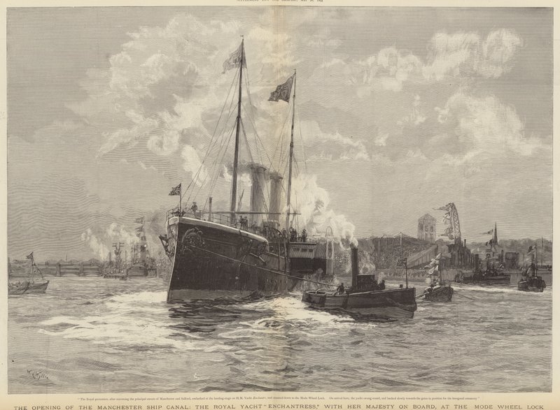 A manchesteri hajócsatorna megnyitása, a Royal Yacht Enchantress Őfelségével a fedélzeten, a Mode Wheel Lock-nál. alkotó: William Lionel Wyllie