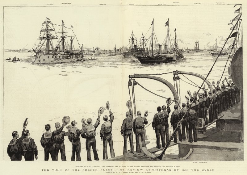 A francia flotta látogatása, a Review as Spithead by H M The Queen alkotó: William Lionel Wyllie