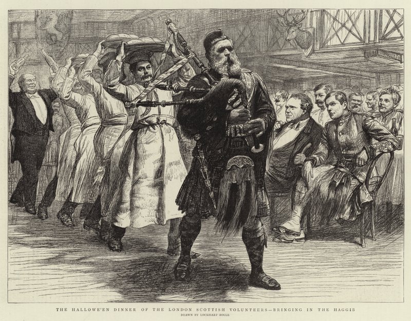 A londoni skót önkéntesek halloween-i vacsora, a Haggis behozatalával alkotó: William Lockhart Bogle