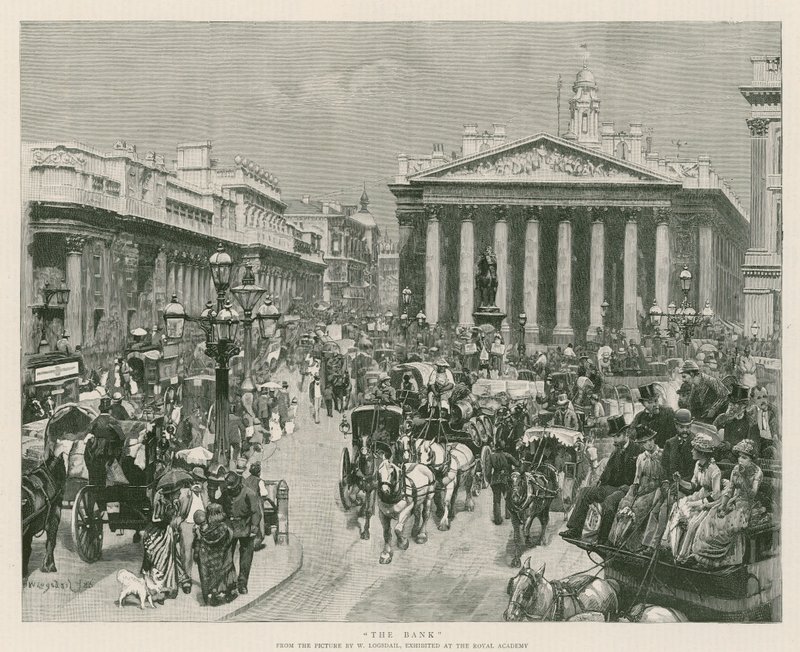 A Bank, W Logsdail képéről, a Királyi Akadémián kiállítva (metszet) alkotó: William Logsdail